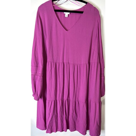 Ava & Viv Womens 2X Tier Long Sleeve V-Neck Dress Fuchsia Pink Rayon/Poly Blend - Picture 1 of 4